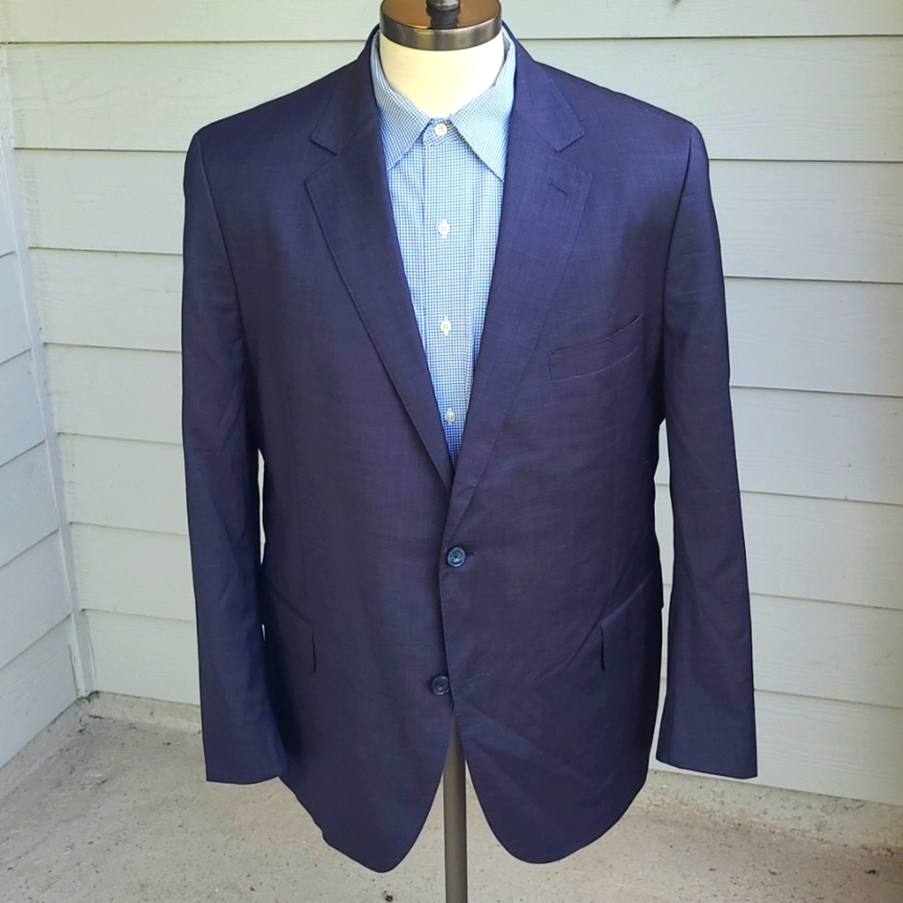 J HILBURN Custom Grey Blue Plaid Estrato Cloth Wool Sz 46 R L‎ Mens Sport Coat
